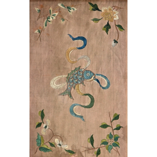 916A - Four Chinese embroidered silk panels and fragments, late 19th/early 20th century, the largest of a d... 