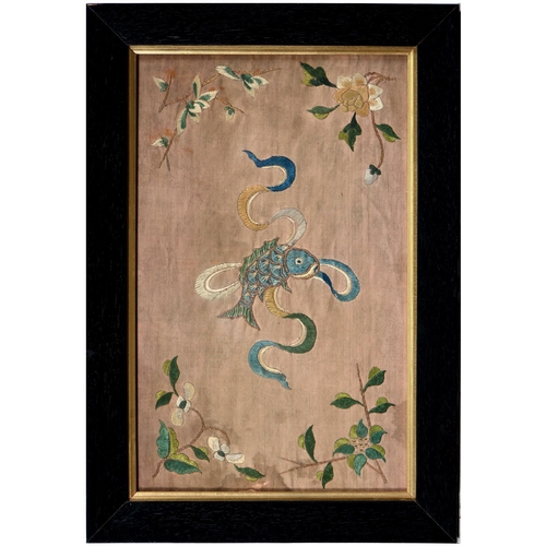 916A - Four Chinese embroidered silk panels and fragments, late 19th/early 20th century, the largest of a d... 