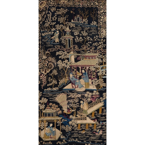 916A - Four Chinese embroidered silk panels and fragments, late 19th/early 20th century, the largest of a d... 