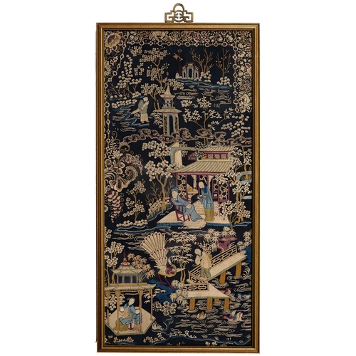 916A - Four Chinese embroidered silk panels and fragments, late 19th/early 20th century, the largest of a d... 