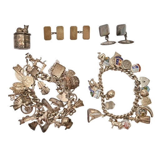 93 - Two silver charm bracelets, each with a variety of silver charms, another, smaller and several other... 