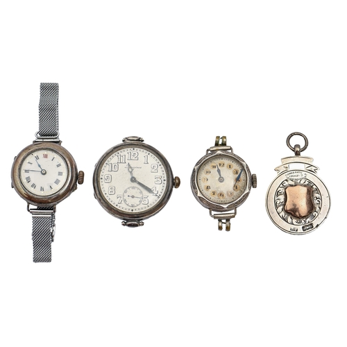 94 - A Longines silver wristlet watch, no. 3501023, 35mm diam, two other silver ladies wristwatches and a... 