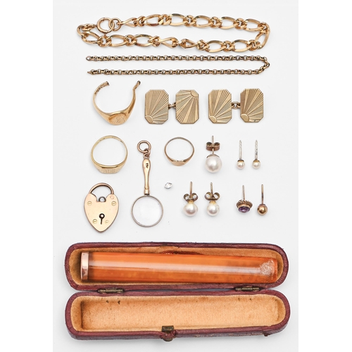 95A - Miscellaneous gold articles, to include two signet rings, padlock clasp, pair of cufflinks and a gol... 