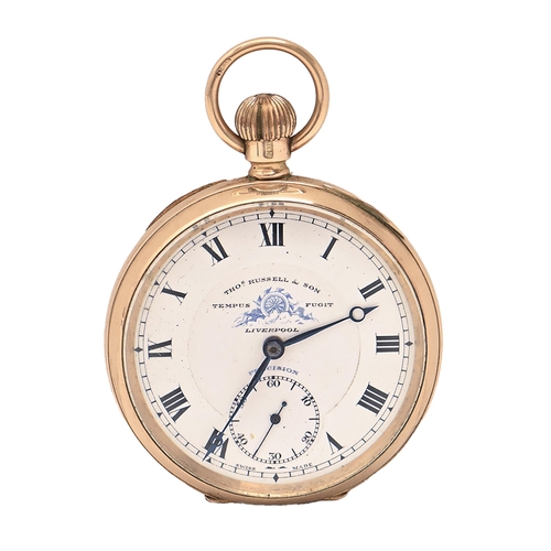 98 - A Swiss 9ct gold keyless lever watch, Thomas Russell & Son, Liverpool, gold bow and cuvette, 49m... 