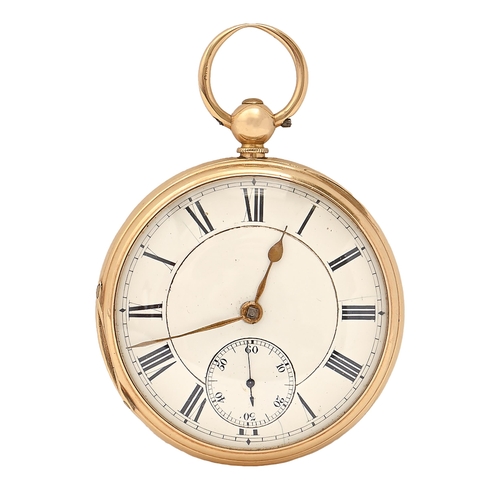 99 - An 18ct gold fusee lever watch, enamel dial, plain case, with gold cuvette and bow, 50mm diam, Londo... 