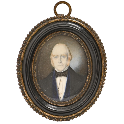 990 - 19th Century School - Portrait Miniature of a Gentleman, in black bow tie and black coat with blue l... 