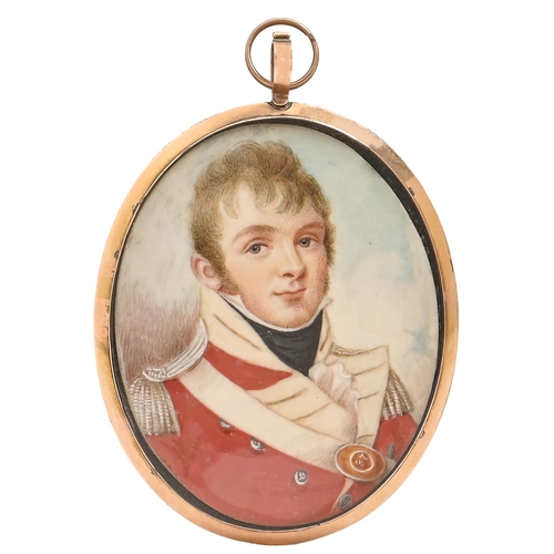 992 - English School, c1800 - Portrait Miniature of an Officer of the 87th Regiment of Foot, sky backgroun... 