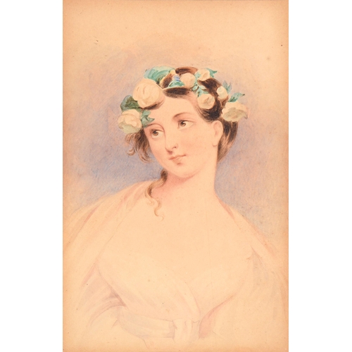 998 - English School,  19th century - Portrait of a Young Woman,  with flowers in her hair, watercolour 15... 