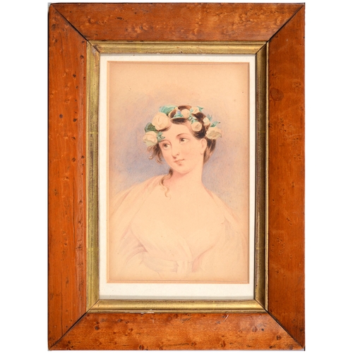 998 - English School,  19th century - Portrait of a Young Woman,  with flowers in her hair, watercolour 15... 