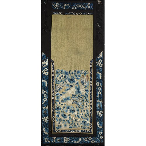 915A - A pair of Chinese silk needlework panels, early 20th c, framed, 78 x 36cm