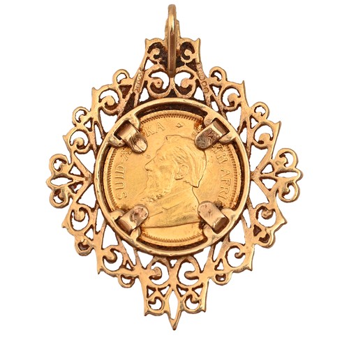 149 - Gold coin. South Africa, one tenth Krugerrand 1984 mounted in a 9ct gold pendant, 7g... 