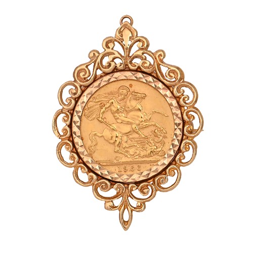 147 - A gold coin, sovereign 1966, mounted in gold brooch - pendant, 14g