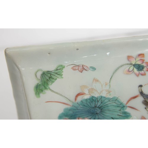 392 - A Chinese famille rose rectangular jardiniere, 19th c, painted with wading and other birds, lotus an... 