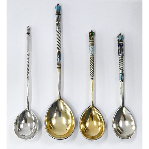 270 - Two Russian silver gilt and shaded cloisonne enamel spoons, 10.5cm and 13.5cm l, one by Maria Semeno... 