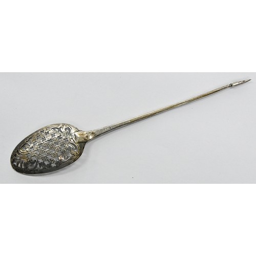 269 - A George III silver mote spoon, the bowl engraved both sides, 14.2cm l, maker's mark only, IK in scr... 