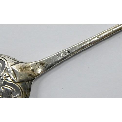 269 - A George III silver mote spoon, the bowl engraved both sides, 14.2cm l, maker's mark only, IK in scr... 