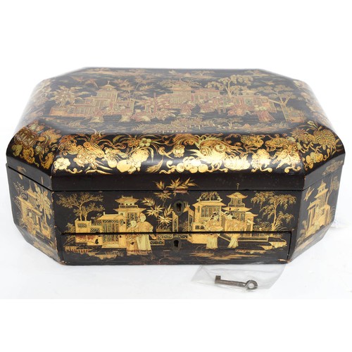 651 - A Chinese lacquer octagonal sewing box, early 20th c, with fitted interior and twin brass handles, 3... 