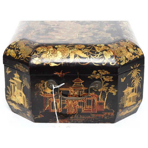 651 - A Chinese lacquer octagonal sewing box, early 20th c, with fitted interior and twin brass handles, 3... 