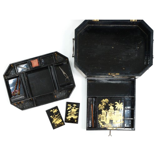 651 - A Chinese lacquer octagonal sewing box, early 20th c, with fitted interior and twin brass handles, 3... 