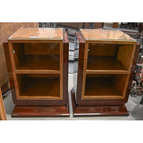 1329 - A pair of modern glass-top bedside units, with gloss mahogany and sandalwood style finish, 60cm h; 4... 