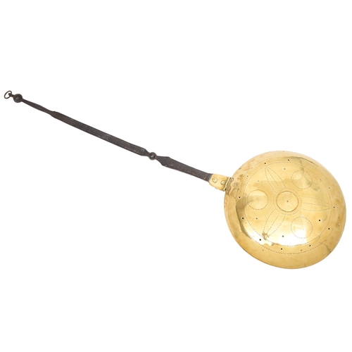 577 - A Dutch brass warming pan, early 18th c, the high domed lid with simple punched star design, the fla... 