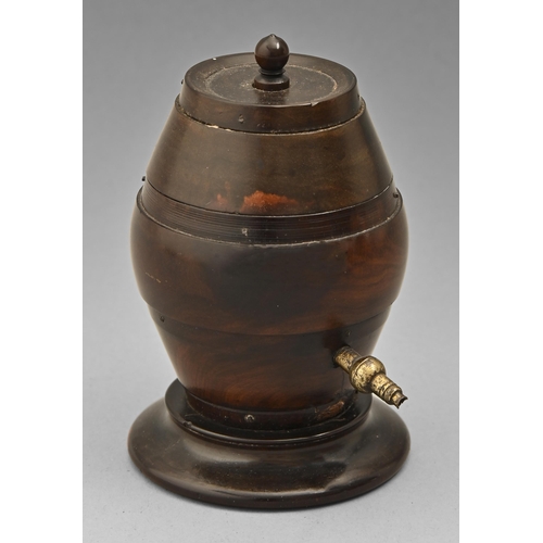 582 - Treen. A Victorian lignum vitae string box in the form of a barrel, with brass nozzle, on weighted f... 