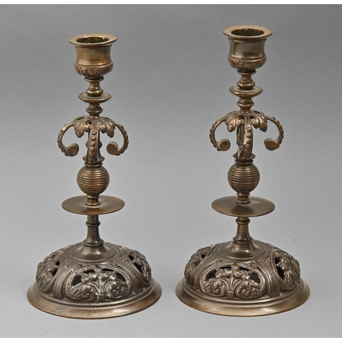 601 - A pair of French bronze candlesticks, late 19th c, on domed openwork foot, brown patina, 18.5cm h... 