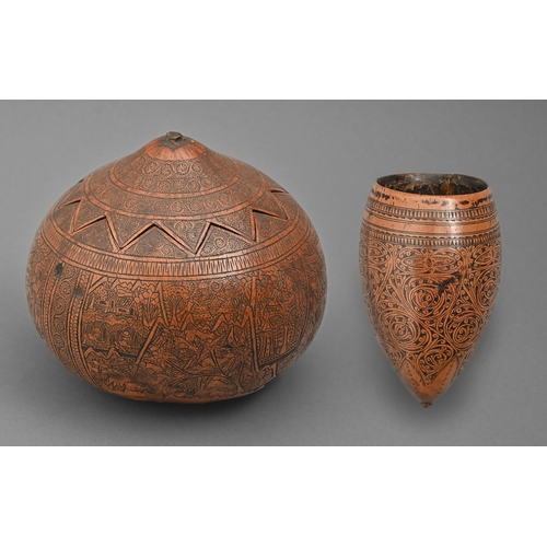 604 - A South East Asian carved gourd box and cover and a similar beaker, 19th c, the beaker intricately d... 