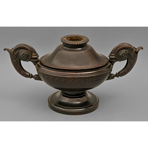 606 - A Neo Classical style carved hardwood oil lamp, 19th c, of urn shape with Vitruvian scroll border an... 