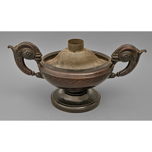 606 - A Neo Classical style carved hardwood oil lamp, 19th c, of urn shape with Vitruvian scroll border an... 