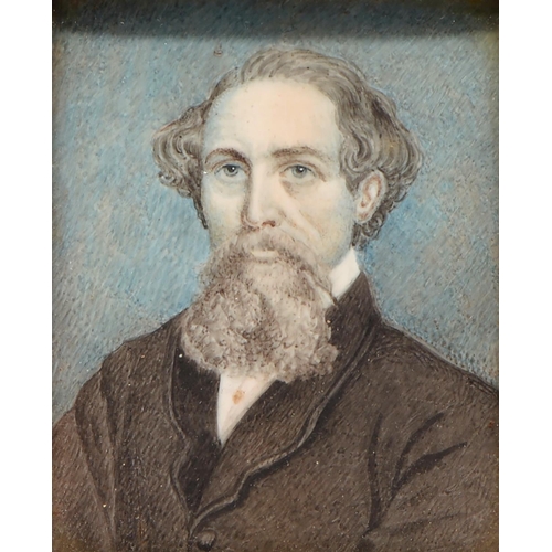 655 - English Copyist, 19th c - Portrait Miniature of Charles Dickens, ivory, 75 x 60mm, bird's eye maple ... 