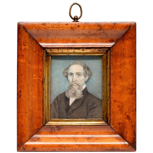 655 - English Copyist, 19th c - Portrait Miniature of Charles Dickens, ivory, 75 x 60mm, bird's eye maple ... 