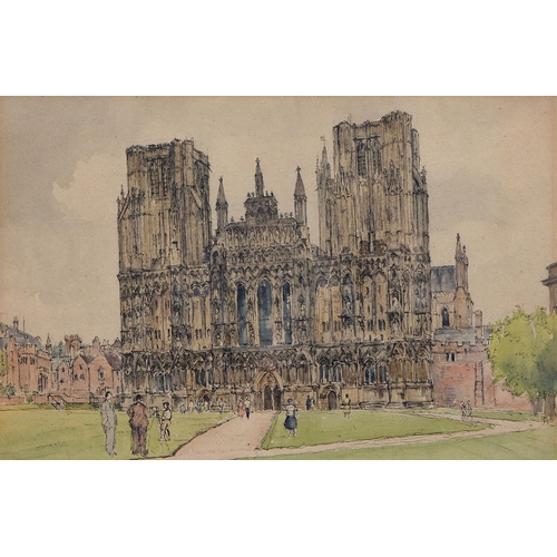 763 - Circle of Sir Hugh Casson - Wells Cathedral, watercolour and ink on paper, 36 x 54cm, E.M. Bush, lat... 