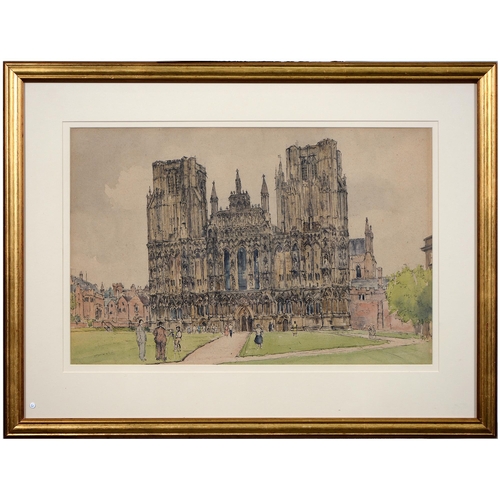 763 - Circle of Sir Hugh Casson - Wells Cathedral, watercolour and ink on paper, 36 x 54cm, E.M. Bush, lat... 