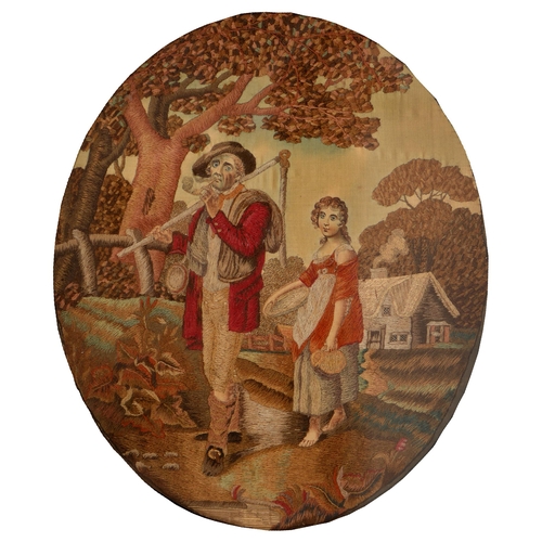 555 - A Regency embroidered silk, wool and watercolour picture of man with scythe, oval, 32cm, in verre eg... 