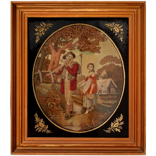 555 - A Regency embroidered silk, wool and watercolour picture of man with scythe, oval, 32cm, in verre eg... 