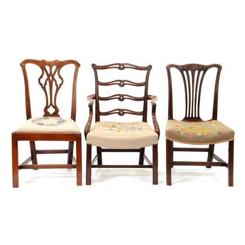 928 - A George III fruitwood dining chair, a  mahogany elbow chair, with interlaced splat, and another, 19... 