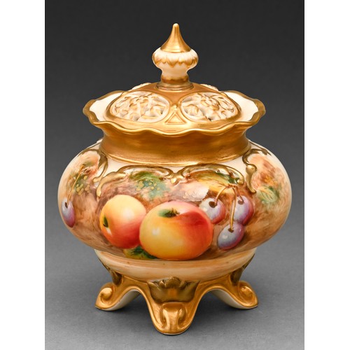 240 - A Royal Worcester pot pourri vase and cover, c1970, painted with fruit, signed, 11cm h, black printe... 