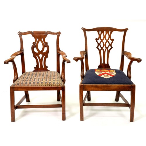 928 - A George III fruitwood dining chair, a  mahogany elbow chair, with interlaced splat, and another, 19... 