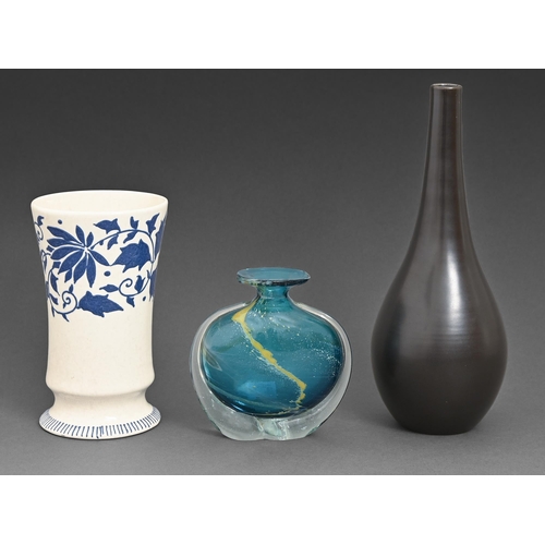 101 - A Poole Pottery black vase, a blue Mdina vase and a Burnsley Ware vase designed by Charlotte Rhead, ... 