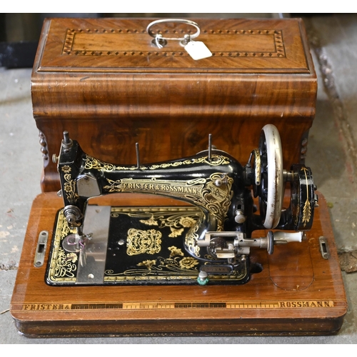 1015 - A Frister & Rossmann sewing machine, late 19th c, in inlaid mahogany carry case with key... 