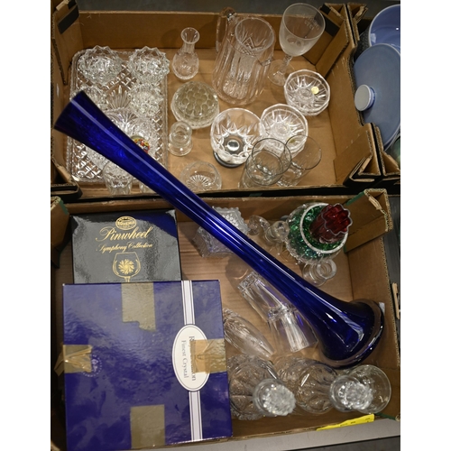 1027 - Miscellaneous cut and other glassware, including a pair of decanters, blue glass spill vase and drin... 