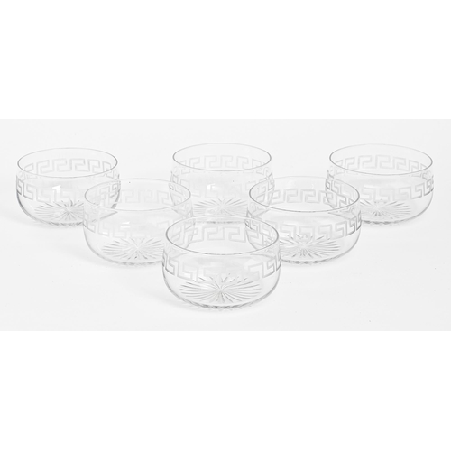 105 - A set of six glass finger bowls, c1900, engraved with Greek key, 13cm diam