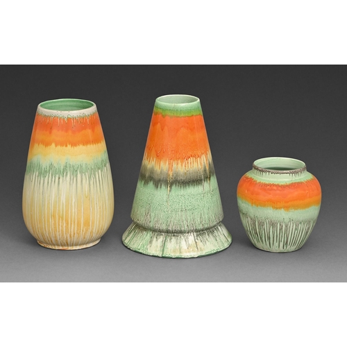 11 - Three Shelley Harmony ware vases, 1930s, in veined and streaked orange, green and black, the tallest... 