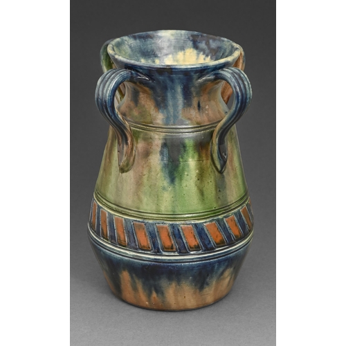 115 - A Belgian art pottery four handled vase, c.1910, 23.5cm h, impressed mark