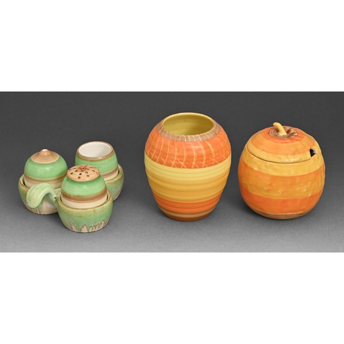 12 - A Shelley Harmony ware vase, preserve jar in the form of an orange and condiment set, 1930s, the vas... 