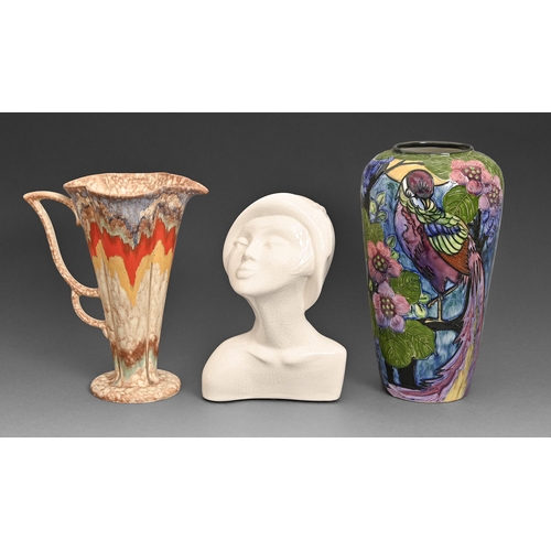 13 - A Thomas Forester Trogon Ware vase by Roger Dean, a Ditmar Urbach ewer and a Deerieu bust of a lady,... 