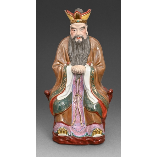 16 - A Chinese famille rose and cafe au lait glazed and partly biscuit figure of an immortal, mid 20th c,... 