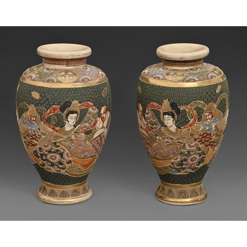 21 - A pair of Satsuma ware vases, 20th c, painted with figures, 30cm h, painted mark