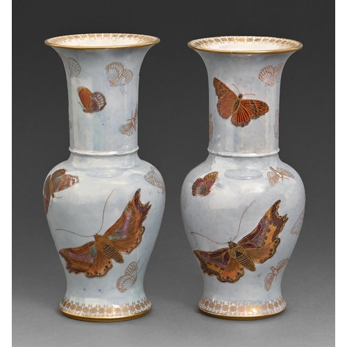 23 - A pair of Carlton Ware Armand lustre vases, early 20th c, painted and gilt with butterflies, 25cm h,... 